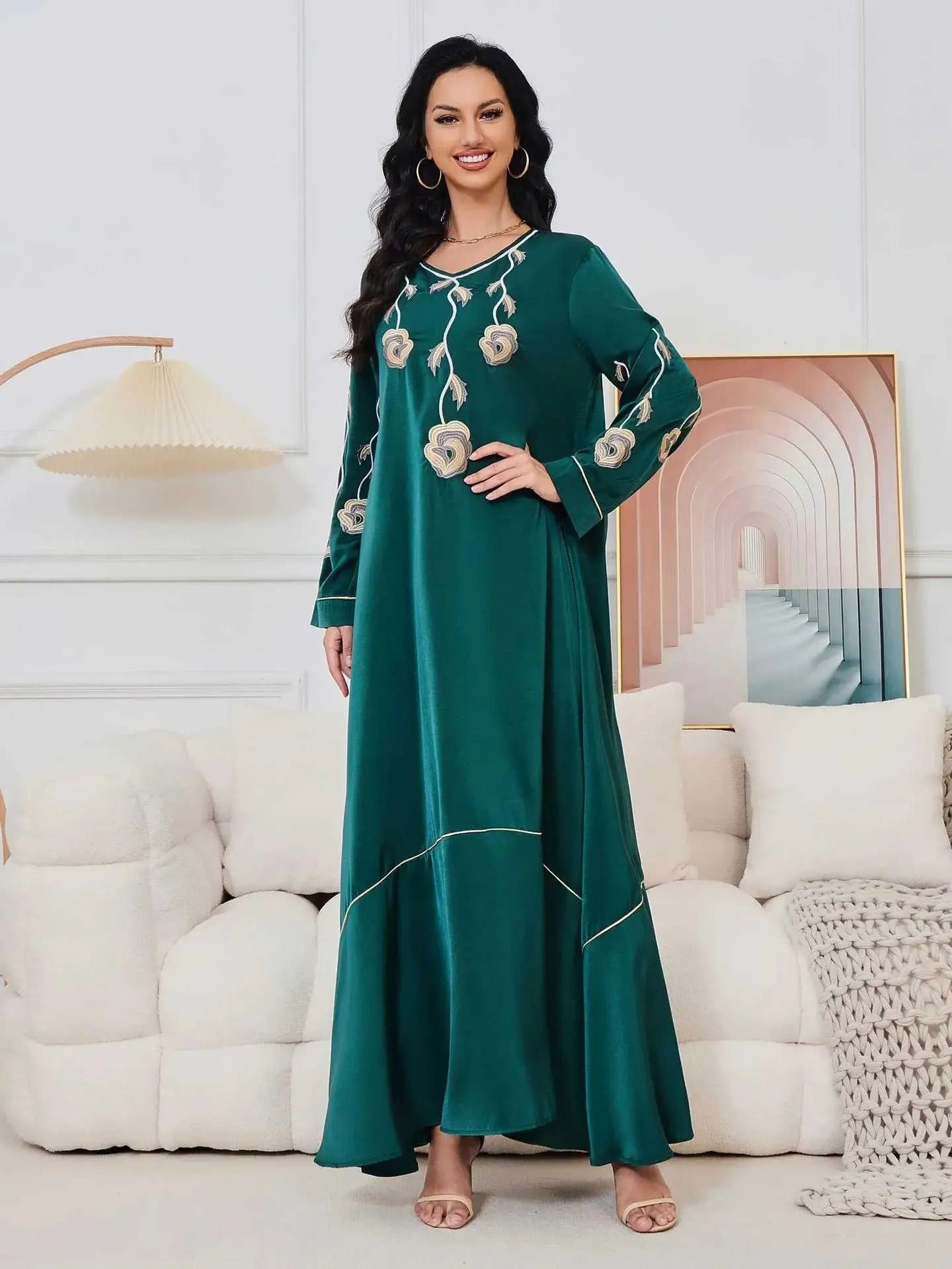 Fashion Chic Moroccan Kaftan For Women Solid Embroidery Full Sleeve O-Neck Casual Loose African Long Dresses