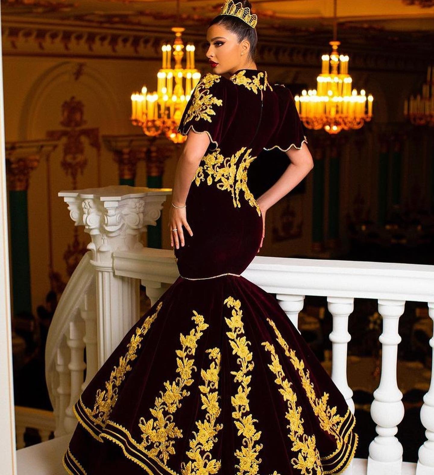 Burgundy Mermaid Morocco Caftan Evening Dresses Short Sleeve Glod Lace Prom Gowns Traditional Evening Party Dress