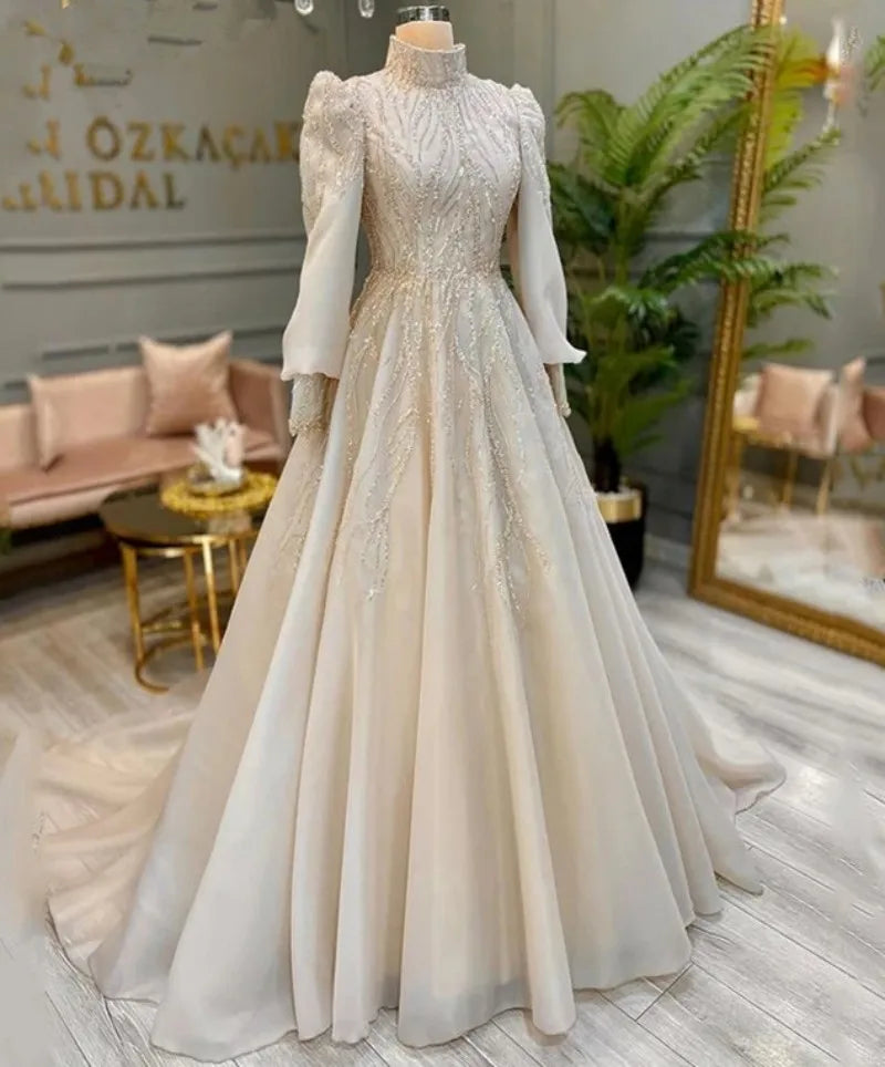 Luxury Dubai Muslim High Neck Wedding Dresses For Women Beige Puff Sleeve Sparkly Beads Arabic Wedding Party Gowns