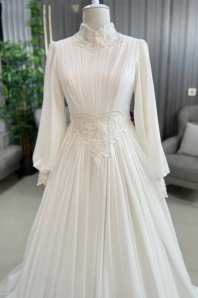 Ivory Wedding Dress for Women Bride A-Line Chiffon Pleated Robe De Mariée Princesse France Lace Muslim Bridal Gowns