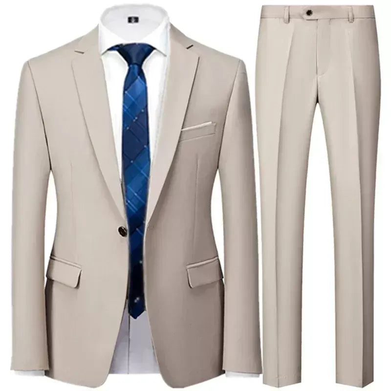 ( Jacket + Pants ) Luxury Brand Fashion Solid Color Mens Formal Casual Business Office Suit 2Pcs Set Groom Wedding Dress Party