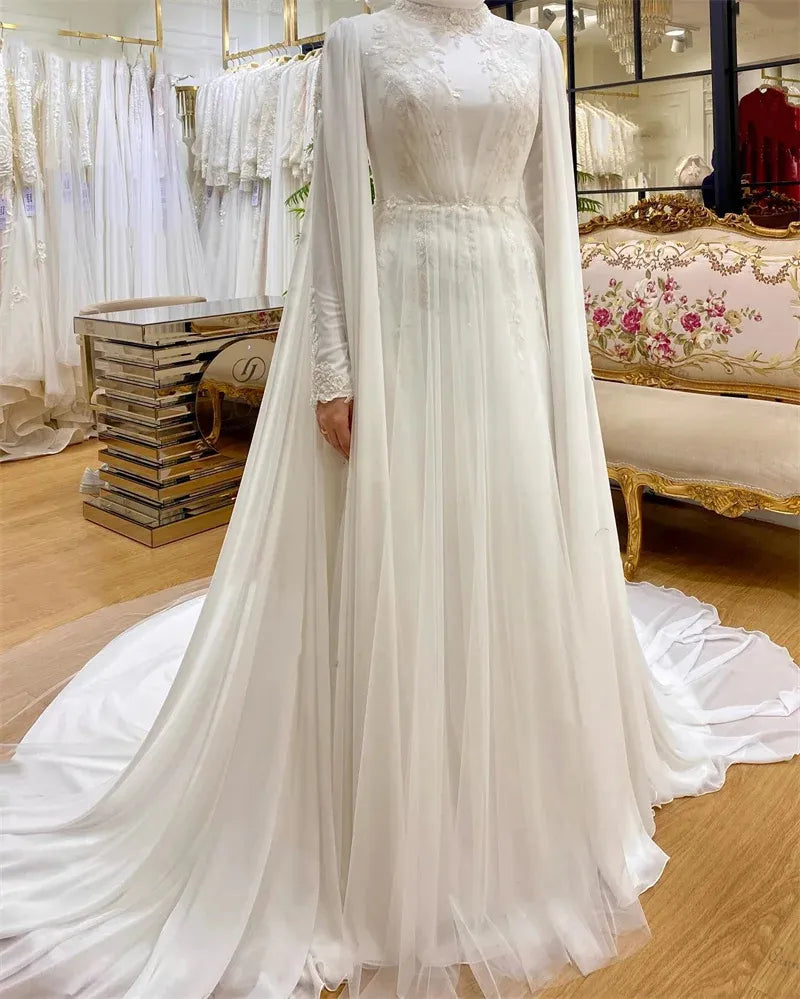 Elegant Women's Wedding Dresses for Bride High Neck Chiffon Abaya Robe Long Sleeves Hijab Islamic Bridal Gown with Cape