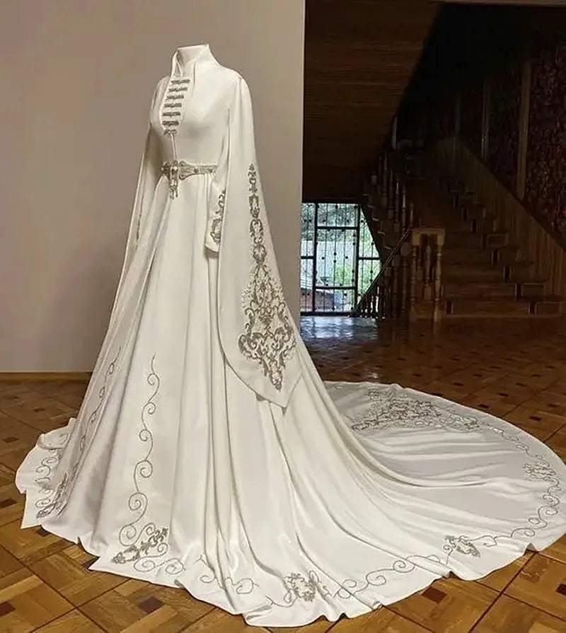 Arabic Fashion Circassian National Wedding Dresses Muslim Embroidery Beaded Long Sleeve Cape Caftan Bridal Dress Gown