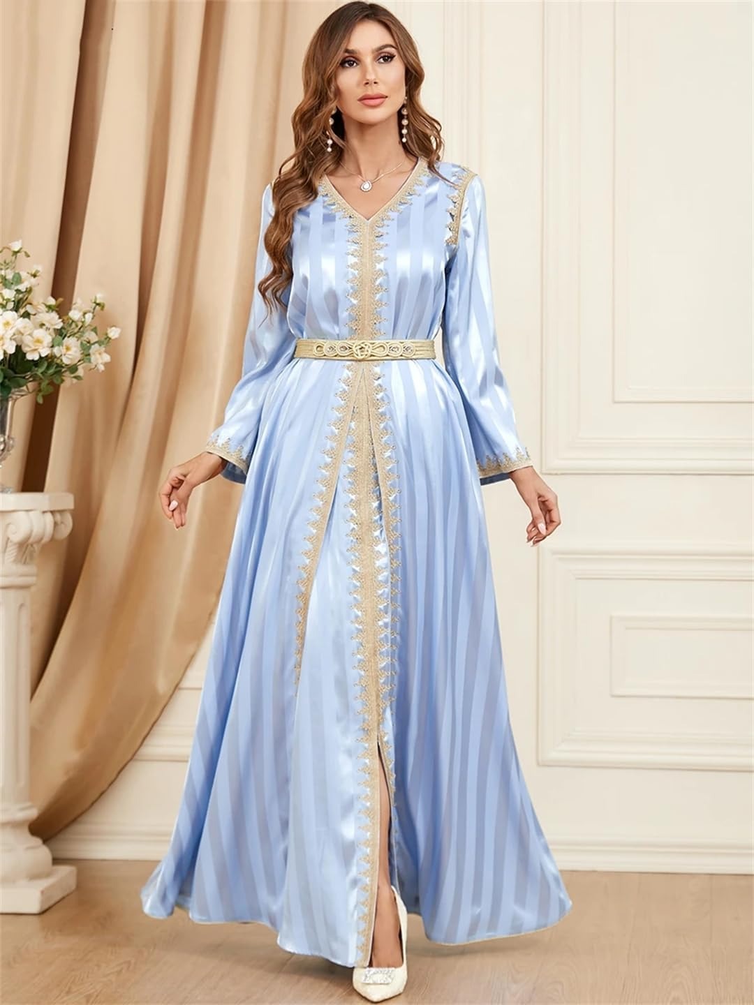 Ramadan Satin 2 Piece Caftan Set Muslim Abaya Solid Tape Trim Full Sleeve V-Neck Elegant Sashes Turkish Arabic Dresses