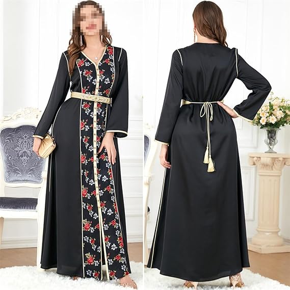 Prom Dresses 2023 Floral Embroidery Belted Kaftan V-Neck Beading Party Dress Jalabiyat Ramadan Abaya Clothes For Women