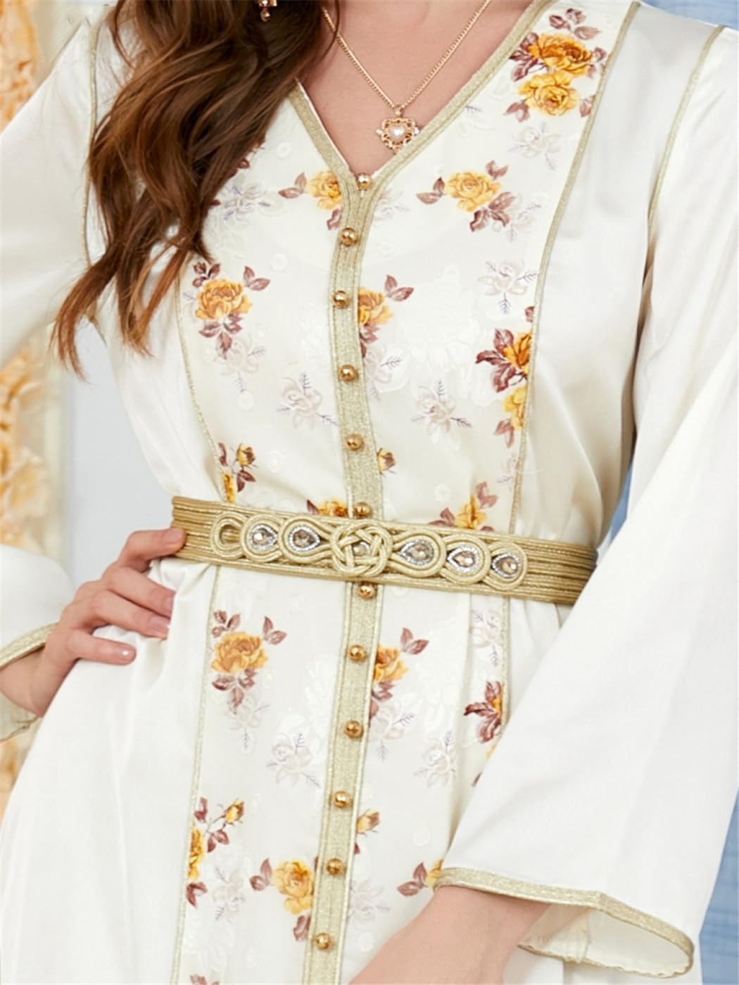 Prom Dresses 2023 Floral Embroidery Belted Kaftan V-Neck Beading Party Dress Jalabiyat Ramadan Abaya Clothes For Women