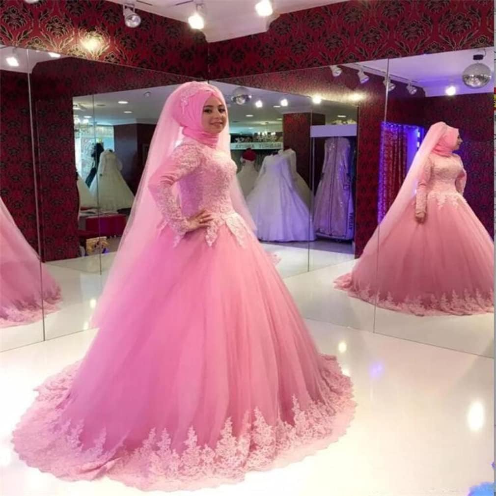 Vestido De Noiva Pink Muslim Wedding Dresses Ball Gown Long Sleeves Tulle Lace Dubai Arabic Wedding Gown Bridal Dress