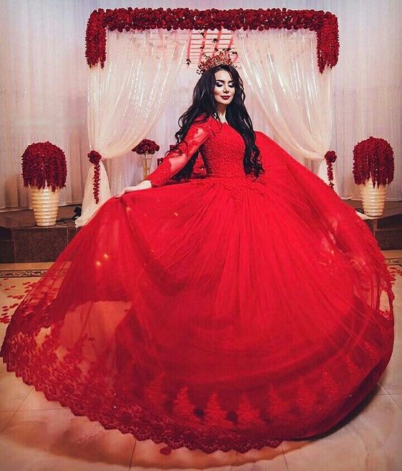 Vestido De Novia Red Long sleeve Ball Gown Wedding Dresses Muslim Lace Appliques Beaded Princess Bridal Wedding Gowns