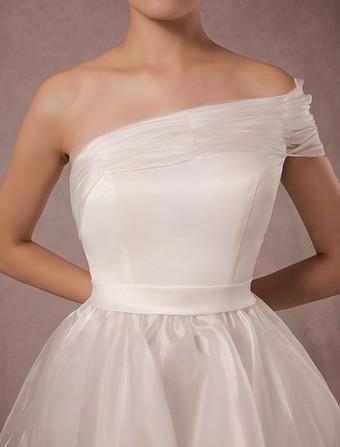 One Shoulder Above Knee Length Wedding Gown Bow Satin Court Train Sleeves White Bridal  Princess Gown Vestido De Novia Modern Wedding Dress Satin Mermaid