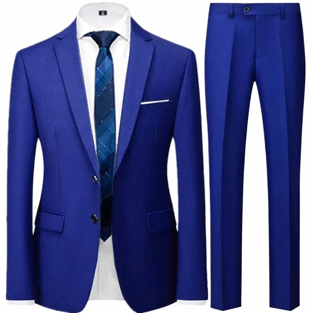 ( Jacket + Pants ) Luxury Brand Fashion Solid Color Mens Formal Casual Business Office Suit 2Pcs Set Groom Wedding Dress Party