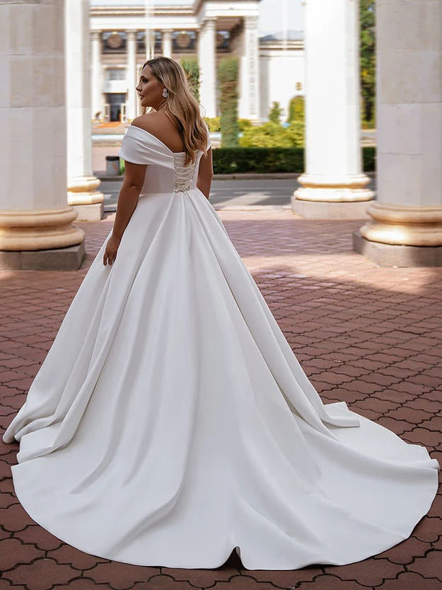 V Neck Simple Satin Wedding Gown Sweep Train Gorgeous Ball Gown Wedding Dresses Off The Shoulder Corset Bridal Dress