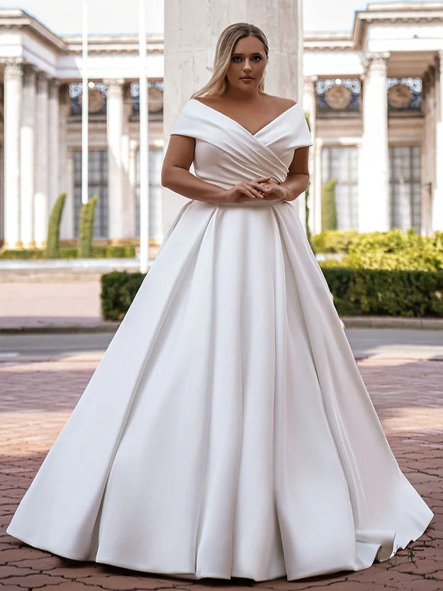 V Neck Simple Satin Wedding Gown Sweep Train Gorgeous Ball Gown Wedding Dresses Off The Shoulder Corset Bridal Dress