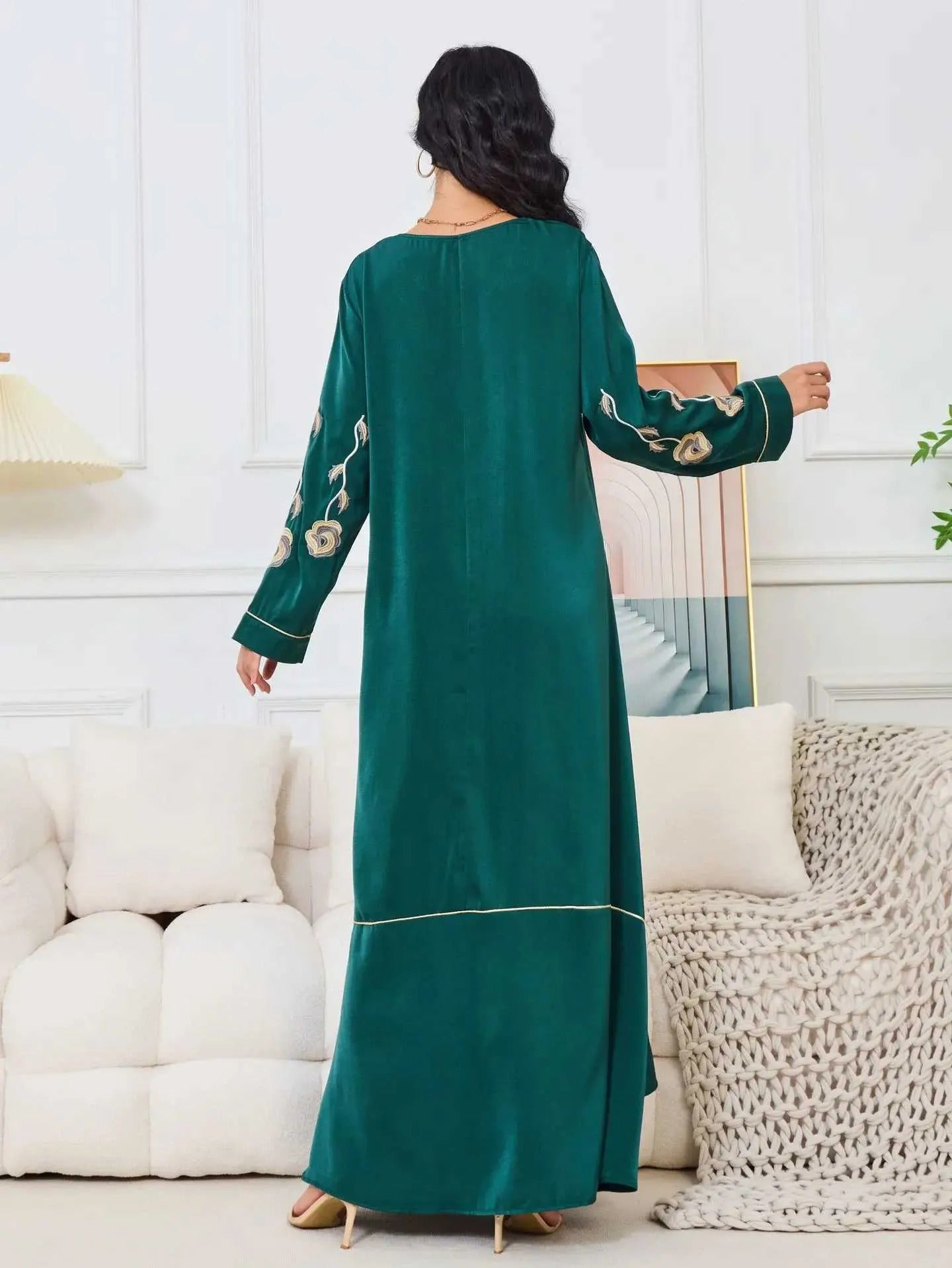 Fashion Chic Moroccan Kaftan For Women Solid Embroidery Full Sleeve O-Neck Casual Loose African Long Dresses