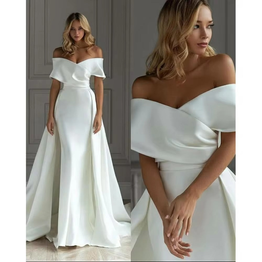 White Detachable Trailing Wedding Dress Sweetheart Satin Mermaid Off the Shoulder Bridal Gowns Custom Made Vestidos De Novia