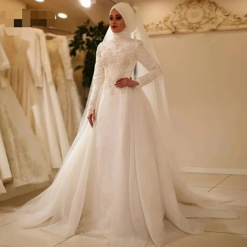 New Vestido De Noiva Elegant Long Sleeve O Neck Muslim Wedding Dresses Tulle Zipper Back Lace Islamic Wedding Gowns