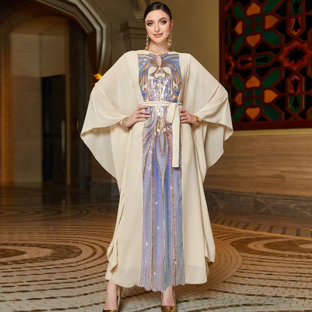 Elegant Floral Embroidery Sequins Butterfly Sleeves Belted Kaftan Ladies Evening Dresses Casual Loose Arab Muslim Women Clothes