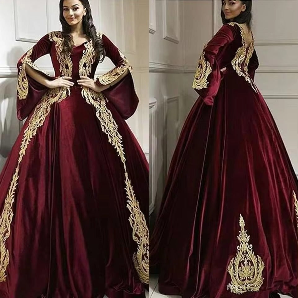 Arabic Gold Lace Appliqued Velvet Evening Dresses Burgundy Long Sleeves Prom Party Gowns Dubai Robe Soiree Kaftan Gowns