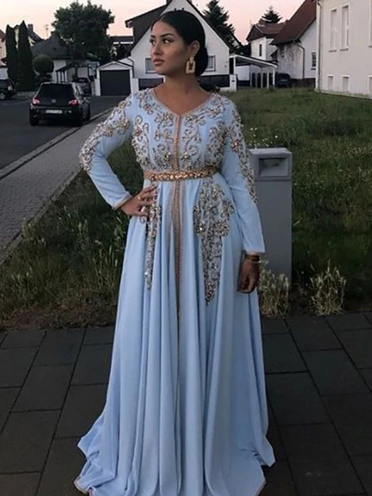 Blue Moroccan caftan Evening Dresses V Neck Crystal Algeria Arabic Muslim Special Occasion Dresses Party Gowns