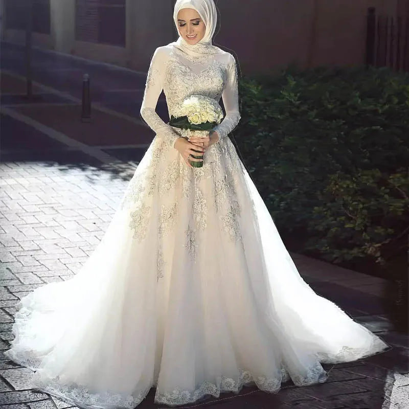 Muslim Arabic Wedding Dresses Long Sleeve Lace Applique With Hijab A Line Zipper Back Vestidos De Noiva Bride Dress Princess