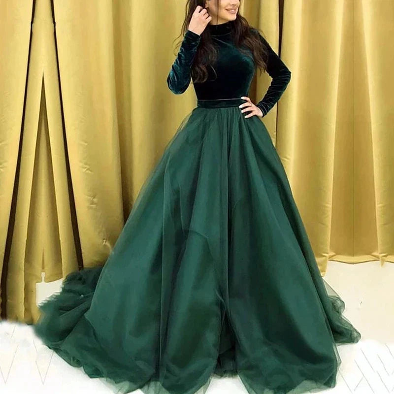 Muslim Evening Dress High Neck Long Sleeve Velvet A-Line Long Formal Dubai Arabic Kaftan Prom Party Dress Gowns