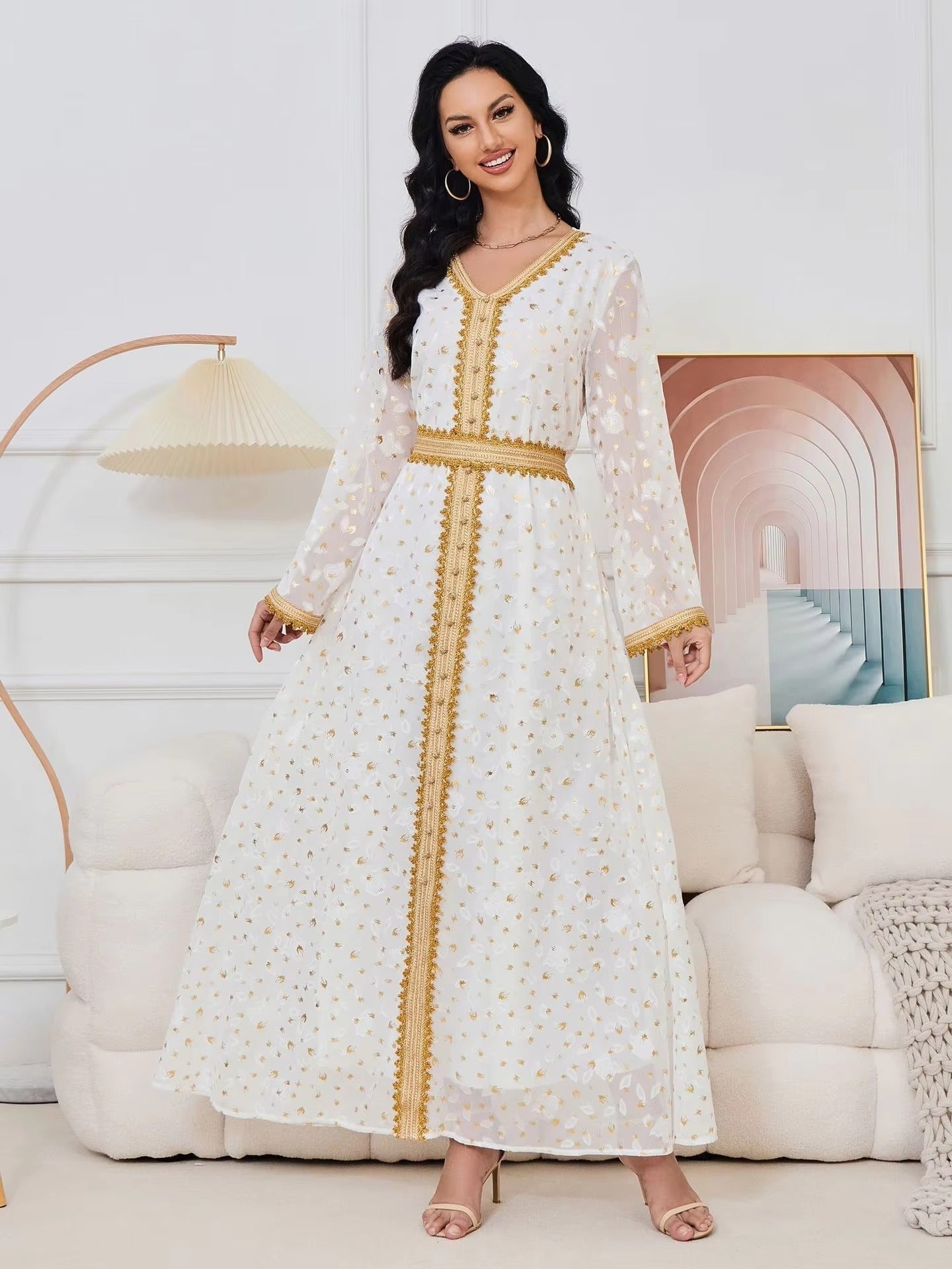 Gold Stamping Evening Party White Mesh Floral Long Sleeve V-Neck Dress With Sashes Moroccan Islamic Dubai Women Kaftan