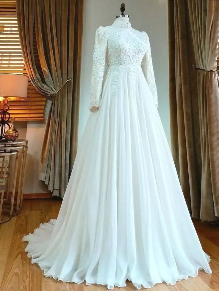 Long Sleeve Muslim Wedding Dresses For Woman Long Chiffon High Neck Bridal Gowns Moroccan Caftan Robe de Mariage