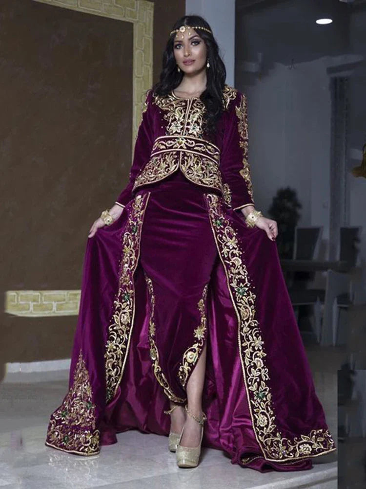 Mermaid karakou Algerian Caftan Evening Dress Velvet Long Sleeve Outfit Applique Lace Chalka Muslim Formal Party Gowns