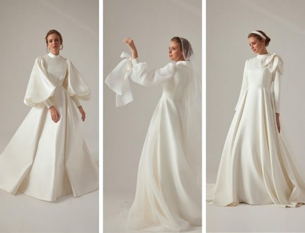 Muslim High Collar Ivory A-line Wedding Dresses Fold Puff Sleeve Satin Draped Pleat Bride Gown Floor Length robe de mariée