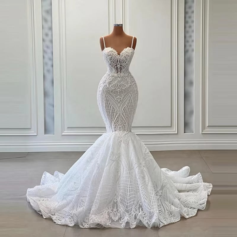 Luxury Lace Mermaid Wedding Dresses Spaghetti Straps Sweetheart Sparkle Bridal Gowns Elegant Robe de Mariée Engagement