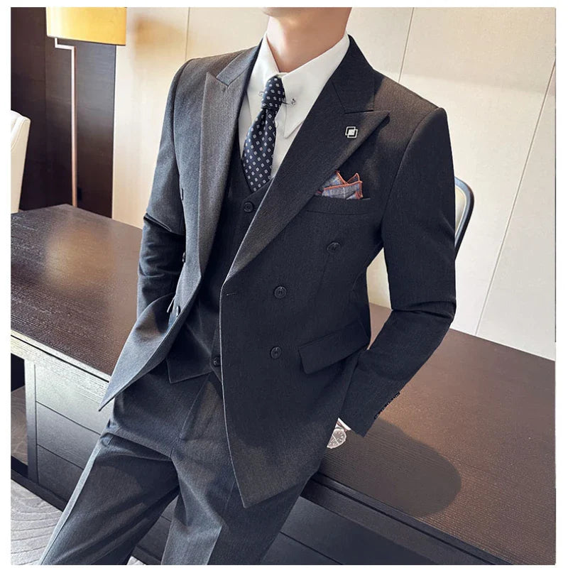 (Jackets+Vest+Pants) Men's Business Double-Breasted Suits Male Slim Fit Solid Color Groom's Wedding Dress Man Fashion Tuxedo 7XL