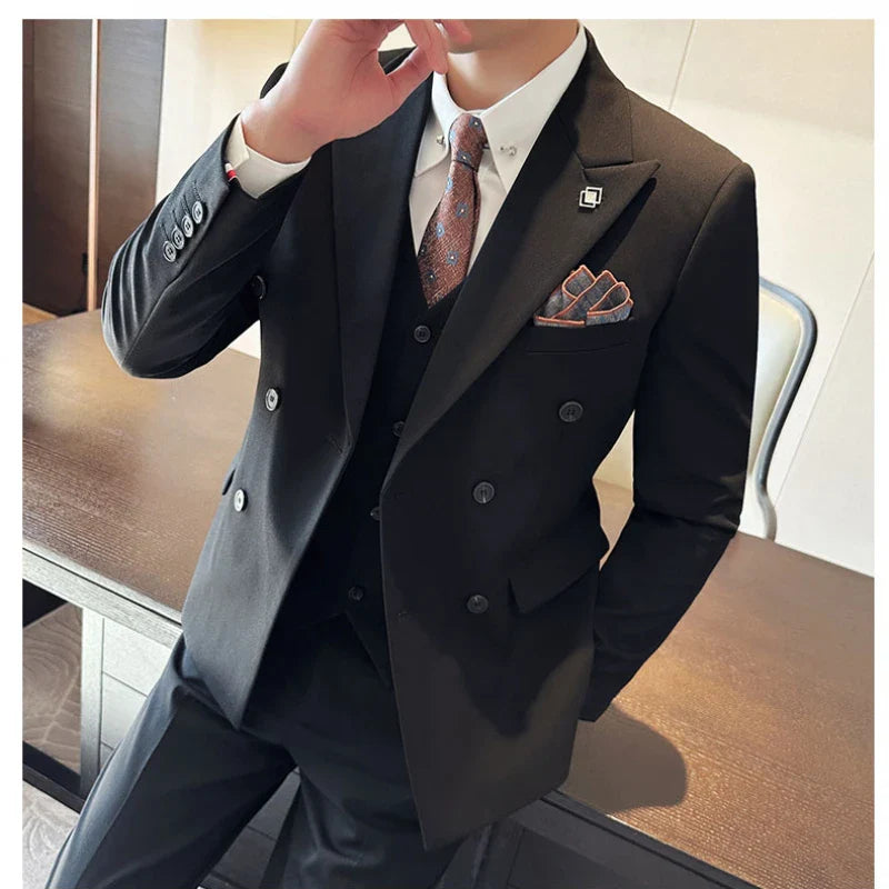 (Jackets+Vest+Pants) Men's Business Double-Breasted Suits Male Slim Fit Solid Color Groom's Wedding Dress Man Fashion Tuxedo 7XL