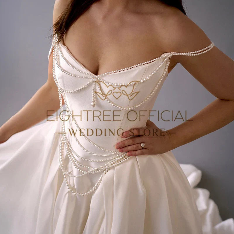 White A-Line Wedding Dresses Sweetheart Sleeveless Pearls Satin Bridal Dress Formal Wedding Ball Prom Gowns Customized