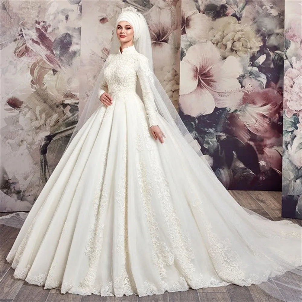 Luxury Muslim Wedding Dresses High Neck Long Sleeve Tulle Lace Applique Beading New Bridal Gown Customize Robe De Mariage