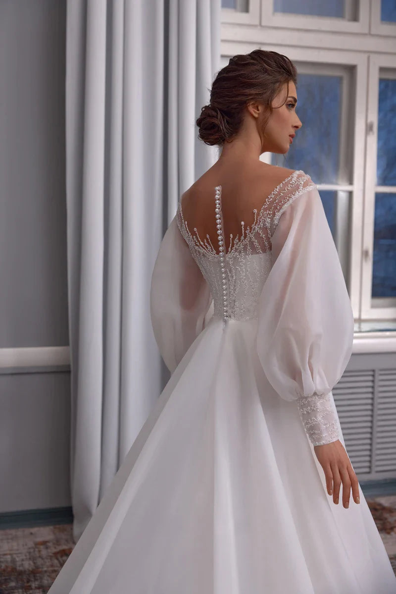 Princess Wedding Dress Long Puff Sleeve Organza A-Line Lace Appliques For Women Button Back Long Trail Gorgeous Bridal Gowns