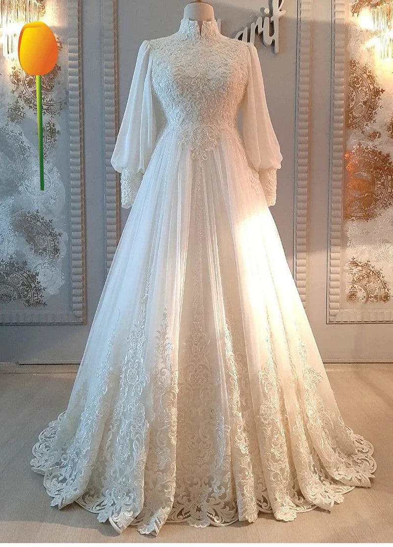 Elegant Tulle Appliques Muslim Wedding Dresses For Woman Long Sleeve High Neck Arabic Dubai Bride Gowns Robe De Mariage