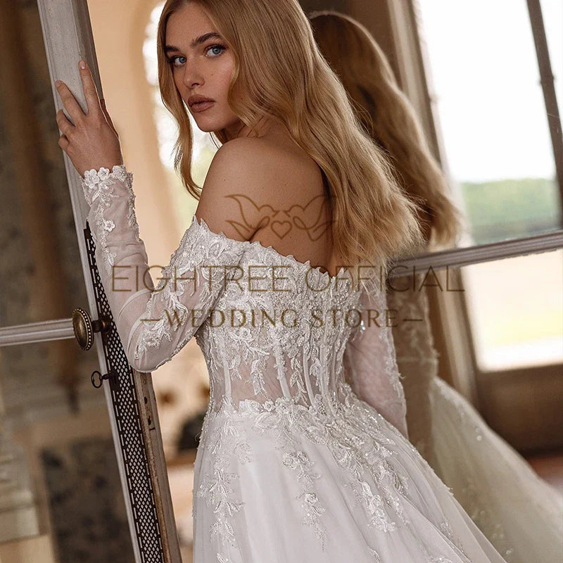 Elegant A-Line Wedding Dresses Off The Shoulder Long Sleeves Bridal Dress Boho Beach Wedding Prom Ball Gowns Customized