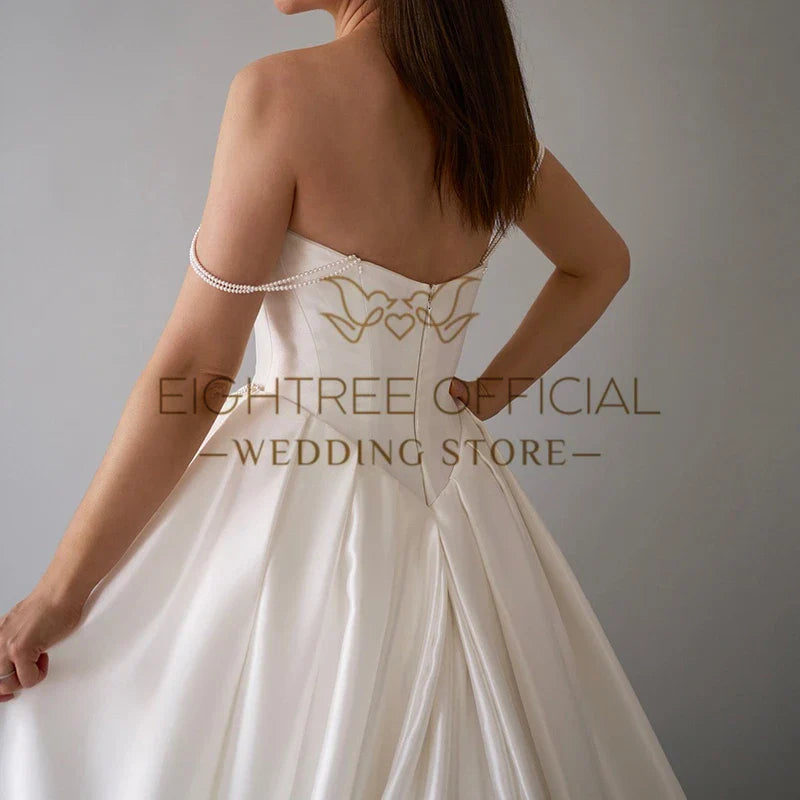 White A-Line Wedding Dresses Sweetheart Sleeveless Pearls Satin Bridal Dress Formal Wedding Ball Prom Gowns Customized