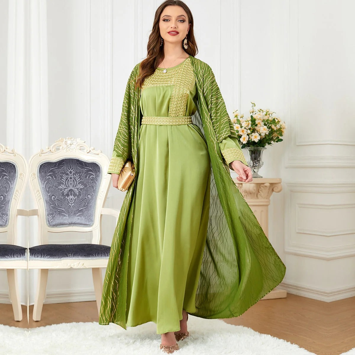 Elegant Casual Women's Dresses Abayas For Women Luxury 2 Piece Muslim Sets Embroidery Belted Kaftan Islamic Dresses Ramadan