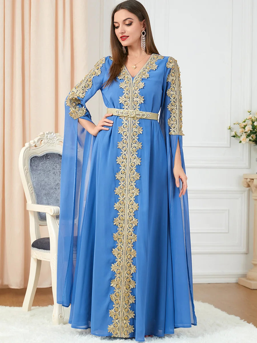 Chiffon Arabic Dresses for Women Extra Long Sleeve Moroccan Kaftan Embroidery Appliques Evening Party Islamic Kaftan Ramadan