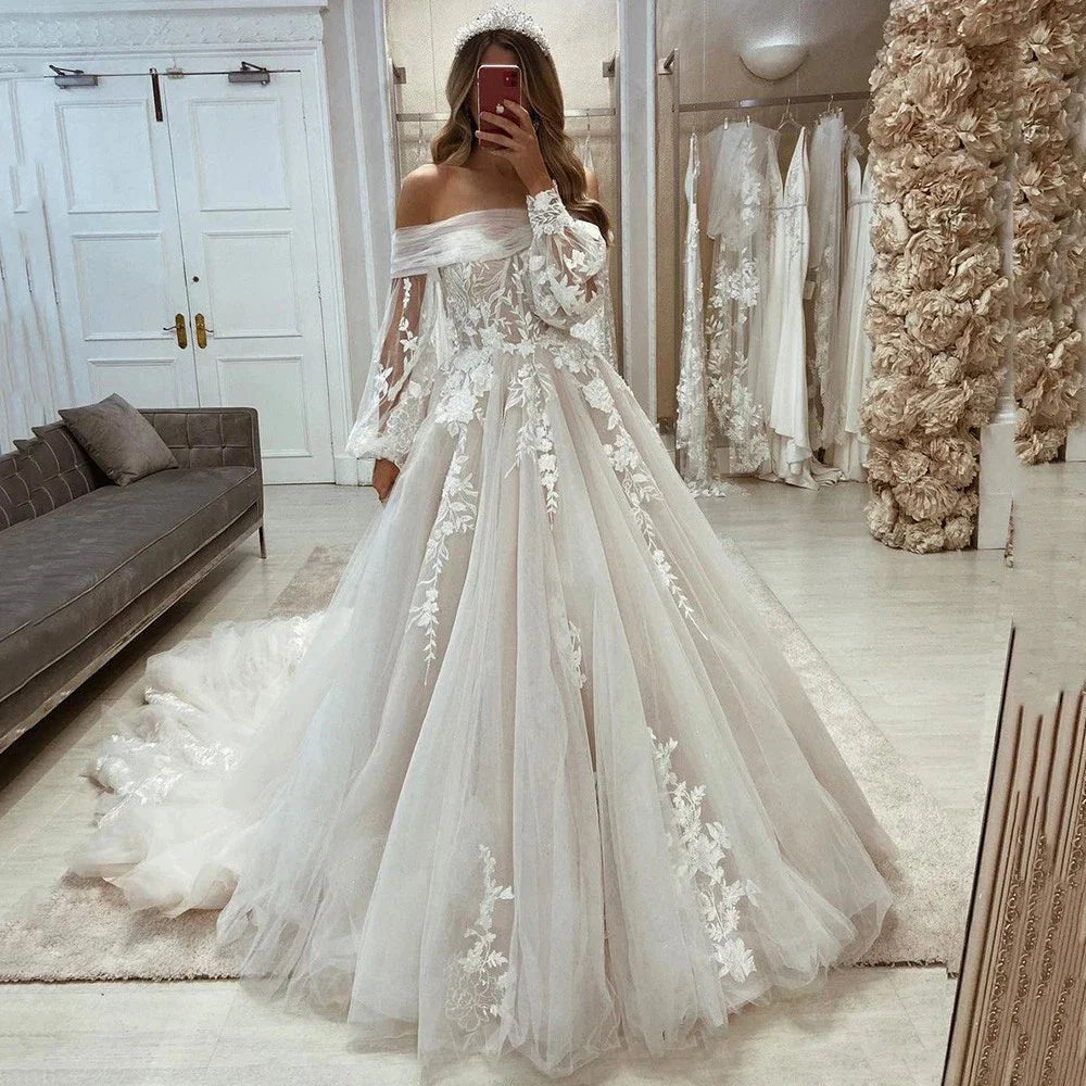 Exquisite Lace Off The Shoulder Wedding Dresses A Line Appliques Long Sleeves Princess Boho Bridal Gowns Vestidos De Novia