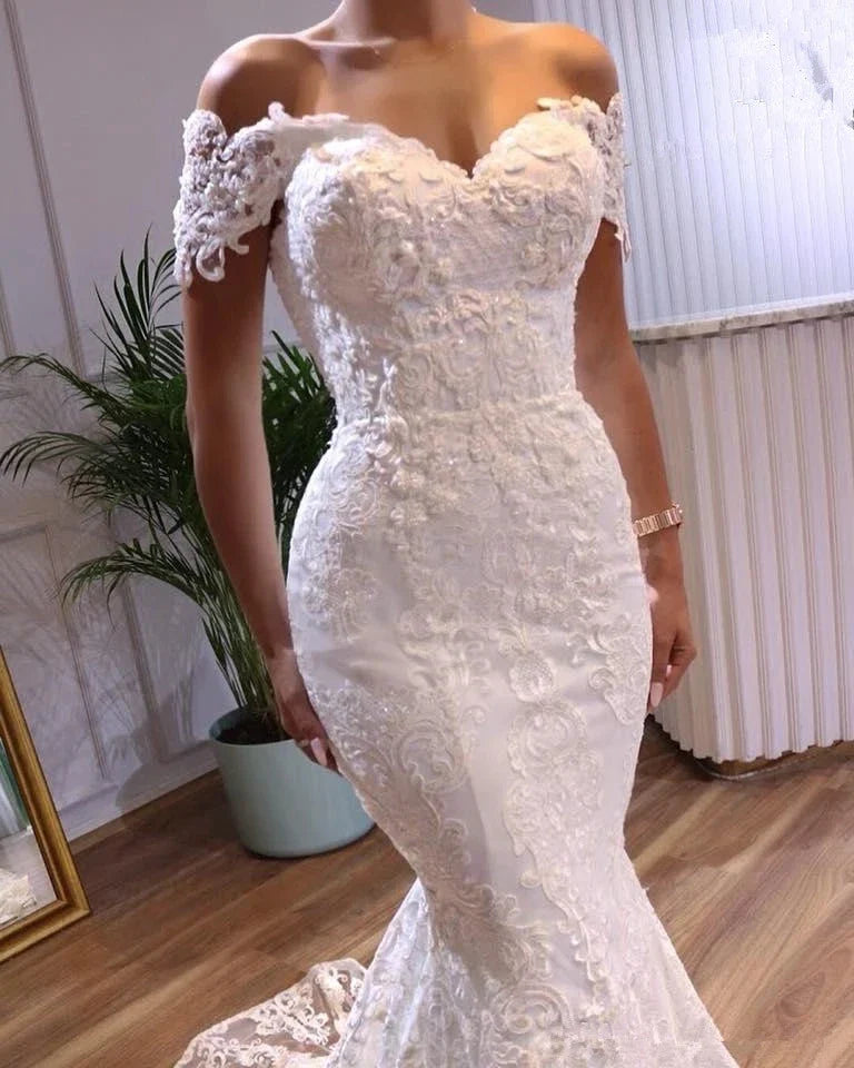 Off The Shoulder Mermaid Wedding Dresses Vestidos De Novia Sweetheart Lace Applique Tulle Formal Bridal Gowns Suknia Slubna