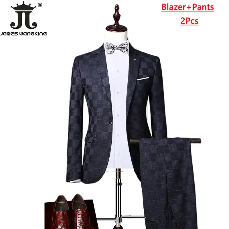 ( Jacket+Vest+Pants ) Boutique Fashion Plaid Men's Casual Business Office Suit Three Piece Set Groom's Wedding Dress Slim Suits