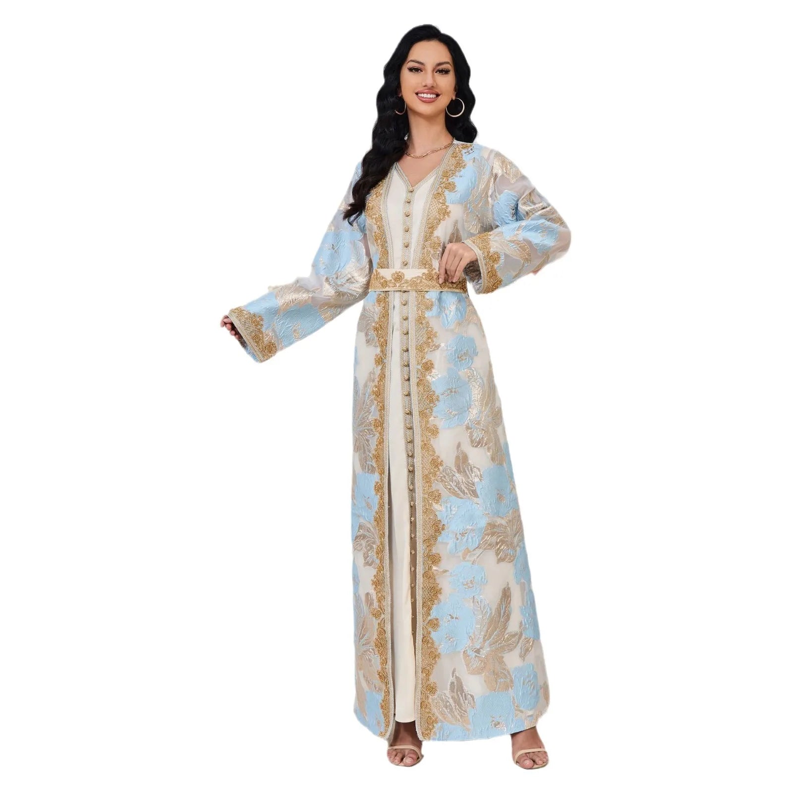 Moroccan Caftan 2 Pieces Set Muslim Dubai Abaya Kaftan For Wedding Women's 2023 New Flower Pattern Museum Long Dress Clothing