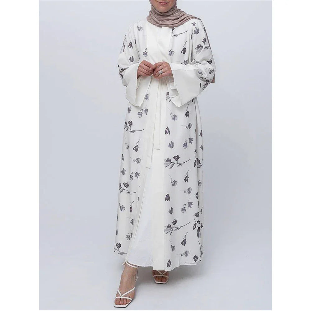 Floral Print Women Muslim Open Abaya Cardigan Maxi Dress Turkey Arabic Robe Eid Ramadan Kaftan Islamic Kimono Caftan Dubai Femme