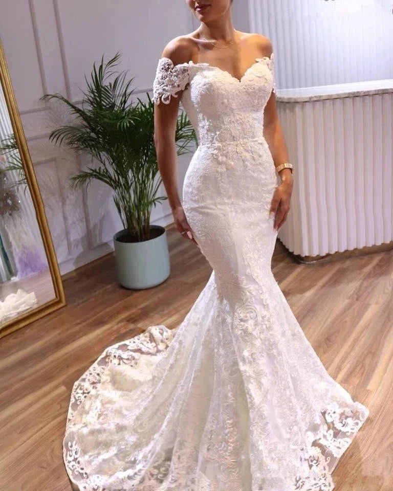 Off The Shoulder Mermaid Wedding Dresses Vestidos De Novia Sweetheart Lace Applique Tulle Formal Bridal Gowns Suknia Slubna