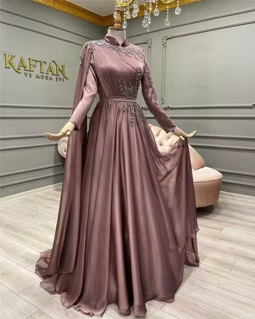 Elegant Arabic Muslim Women Formal Dress Full Sleeves Robes De Soirée A-Line Chiffon High Neck Dubai Caftan Evening Prom Dresses