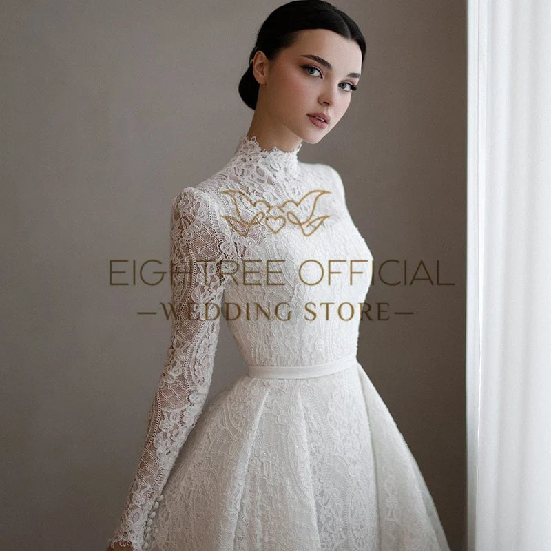 Elegant A-Line Wedding Dresses High Neck Long Sleeves Lace Bridal Dress Boho Beach Wedding Prom Ball Gowns Customized