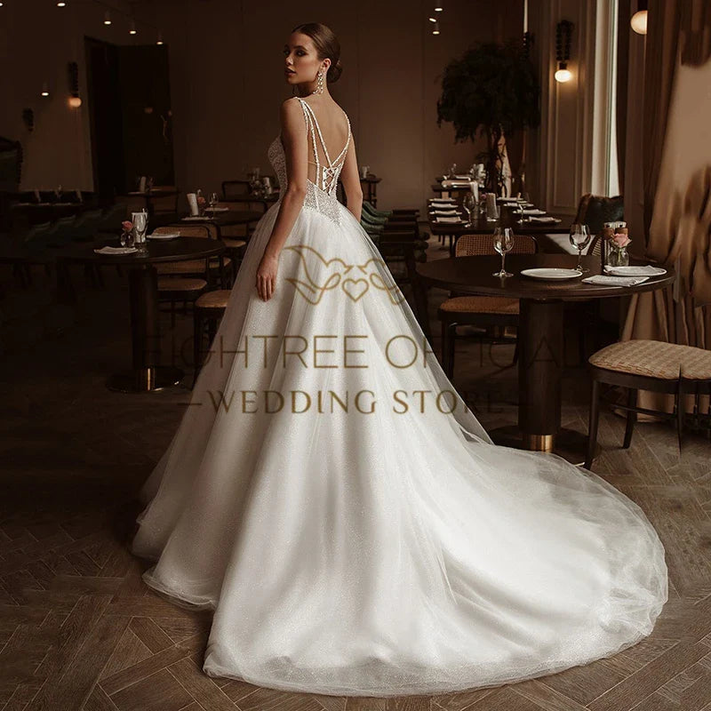 Elegant A-Line Wedding Dresses Sweetheart Glitter Backless Bridal Dress Boho Beach Wedding Prom Ball Gowns Customized