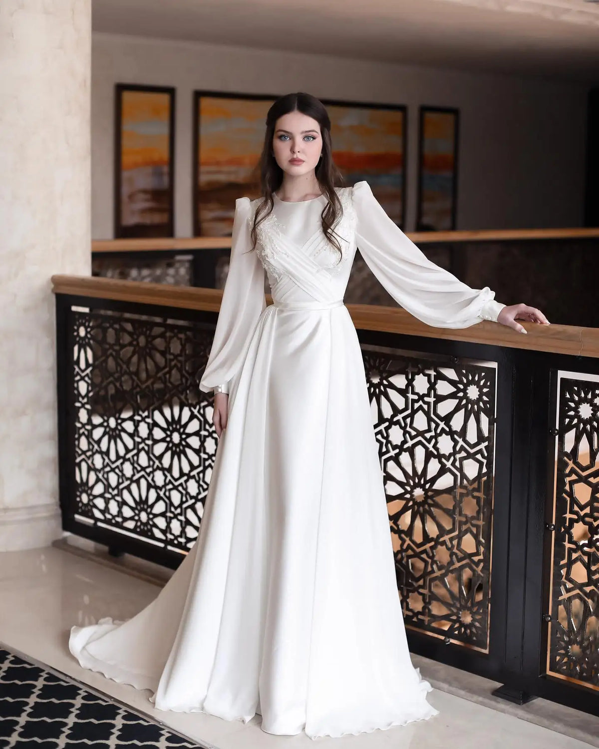 Elegant Long Sleeves High Neck Pleat Boho Beach A LINE Wedding Dresses Custom Made Formal Bridal Grown Vestido De Noival