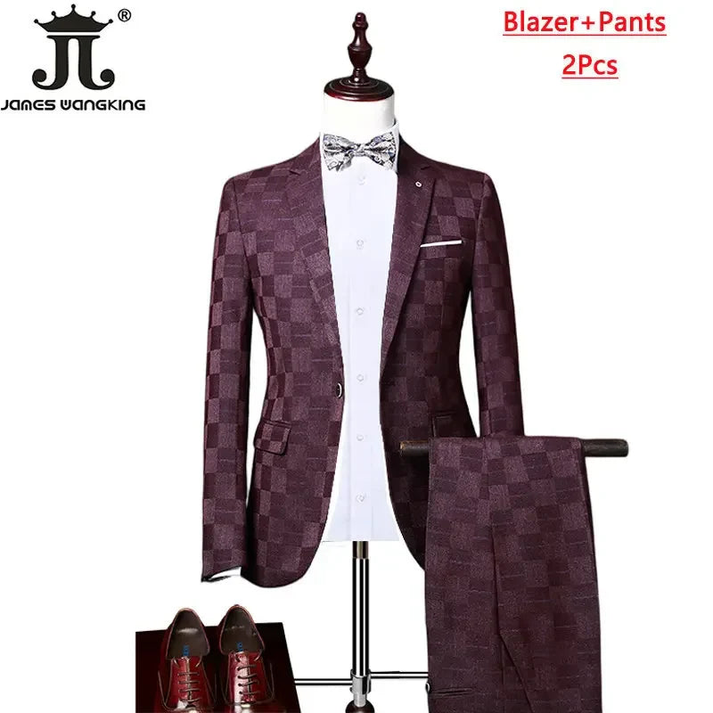 ( Jacket+Vest+Pants ) Boutique Fashion Plaid Men's Casual Business Office Suit Three Piece Set Groom's Wedding Dress Slim Suits